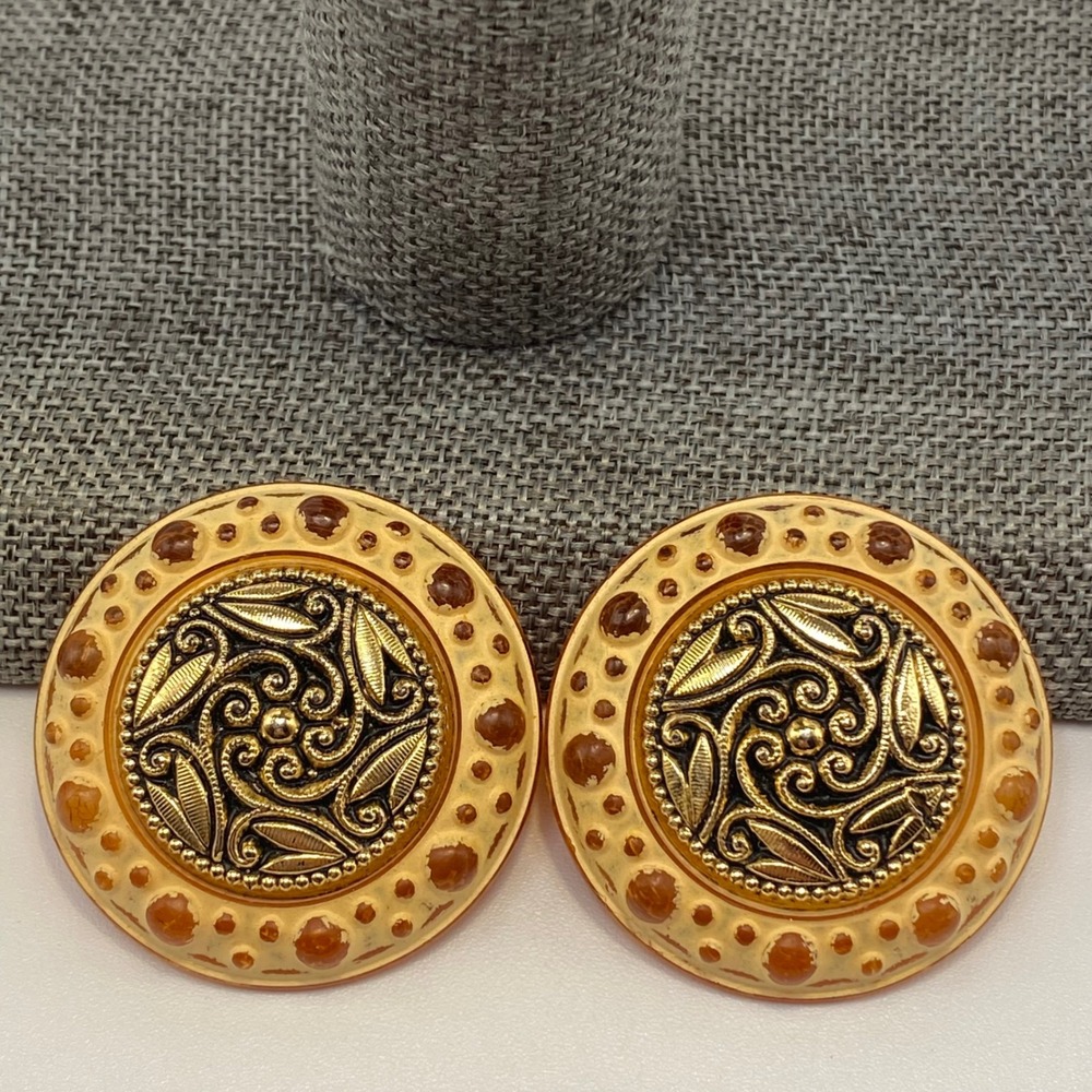 Vintage Clip On Earrings Resin Metal Italy Victorian Style Amber Gold Large 1.25
